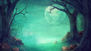 Halloween image with moon, mist, pumpkins