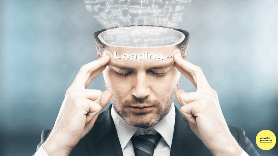 Image of the top of a mans head open with lots of words coming out of it.