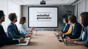 audience looking at screen in meeting room with mindful presenter logo