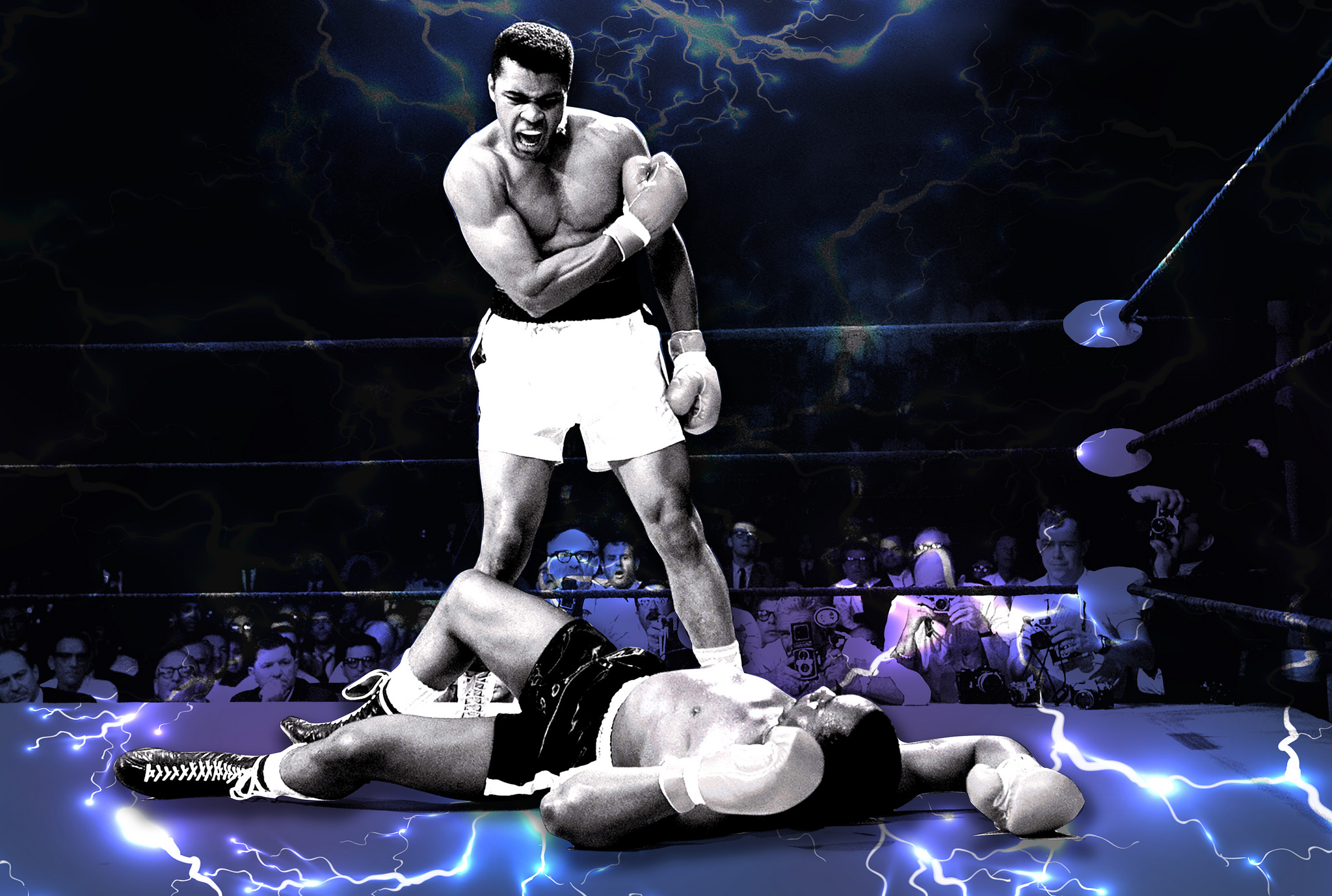 Muhammad Ali the boxer standing over his opponent knocked out in the ring