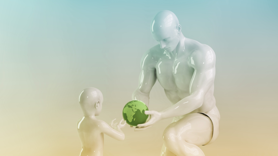 man handing globe to a child