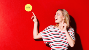 woman in striped top pointing too mindful presenter log