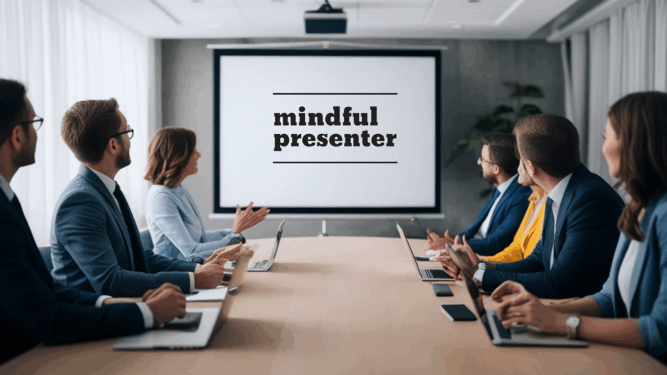 meeting room with people looking at a screen with mindful presenter logo