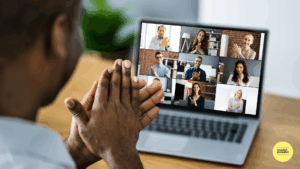 virtual meeting with man clapping