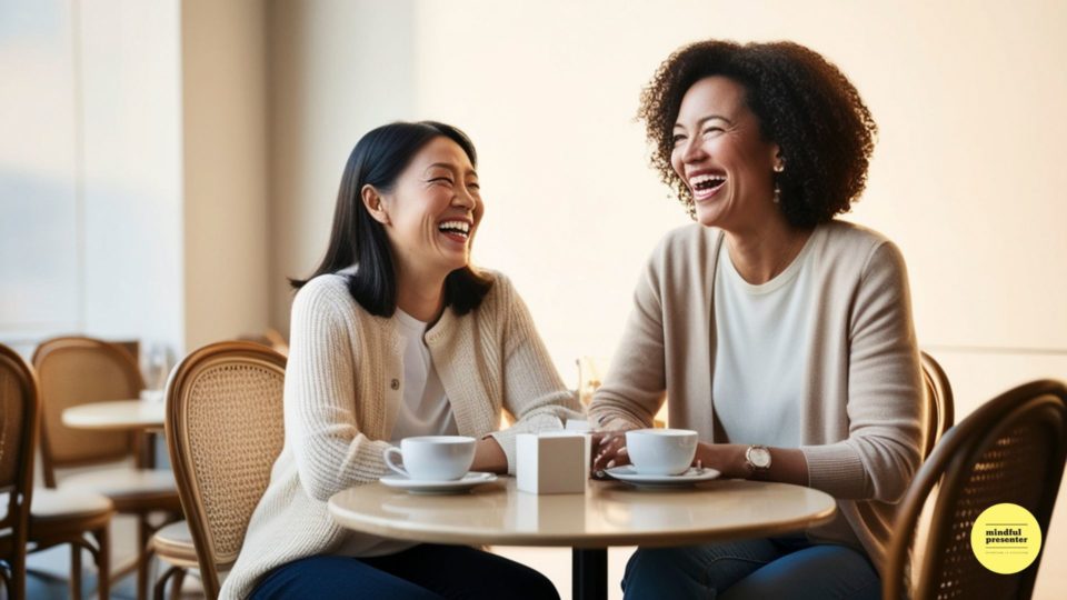 two women having coffee laughing