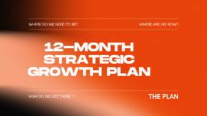 Orange slide showing 12 month strategic growth plan