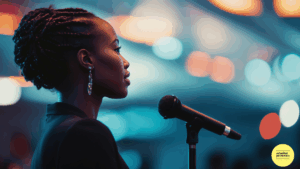 woman speaking into microphone