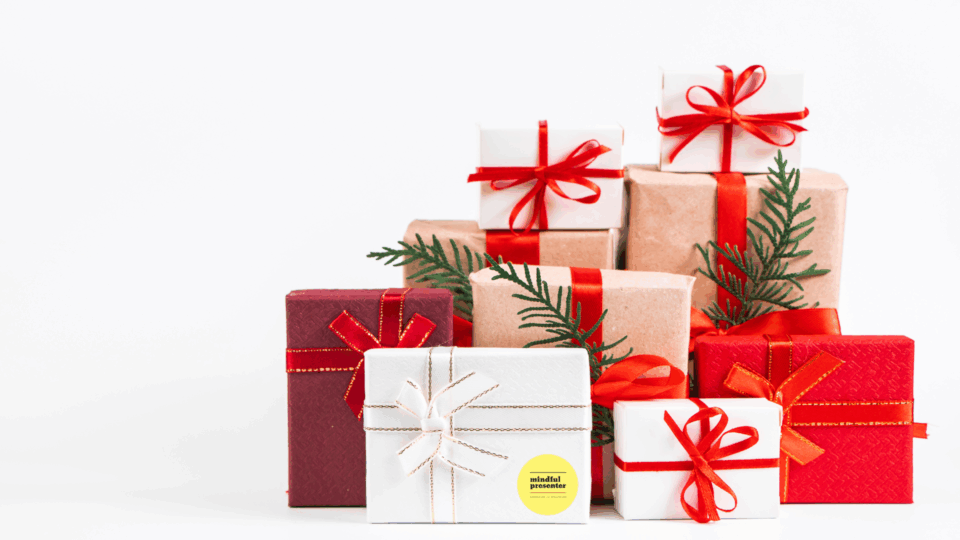 christmas presents with the mindful presenter logo on one