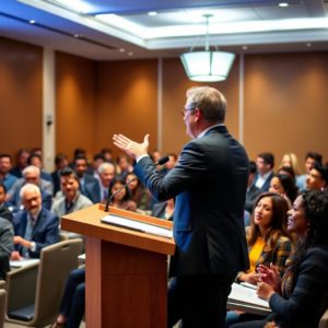 AI image of man presenting to an audience