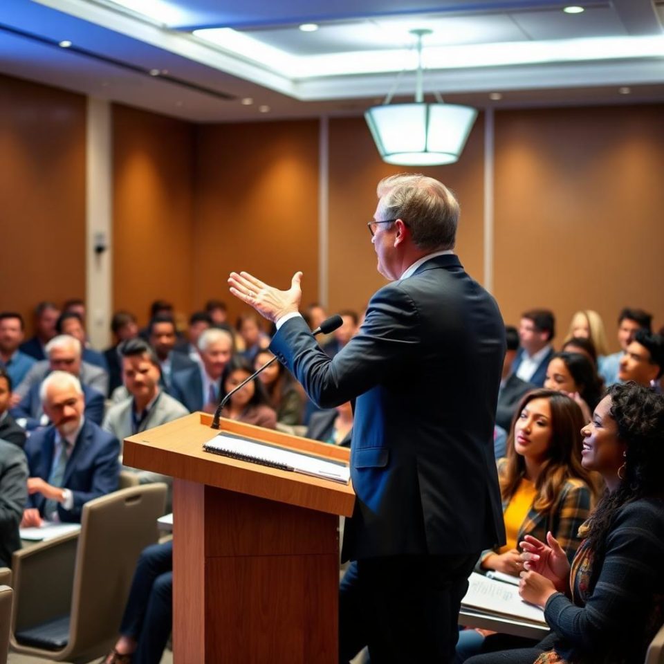 AI image of man presenting to an audience