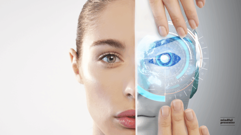 woman with half her face human and the other half digital