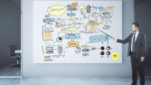 Man presenting pointing to a really busy slide