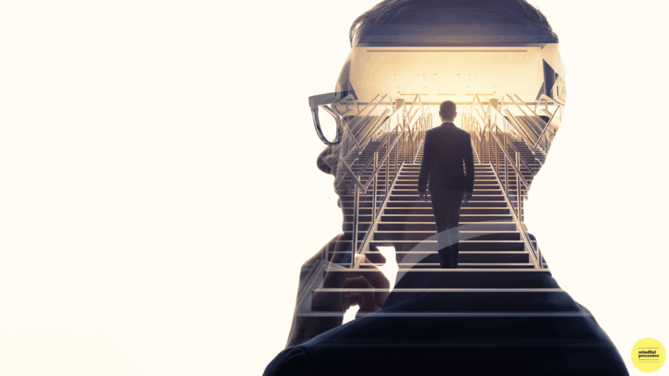 Strange image of man walking upstairs inside of himself