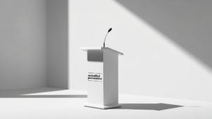 Black and white image of a lectern with mindful presenter logo on it and a microphone