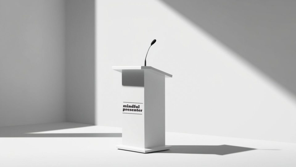 Black and white image of a lectern with mindful presenter logo on it and a microphone