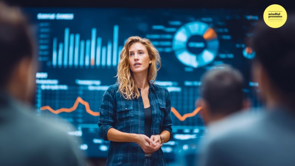 woman presenting busy powerpoint charts