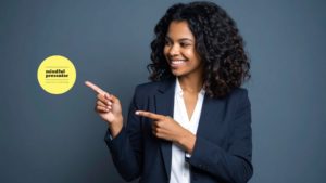Woman smiling, pointing to mindful presenter logo